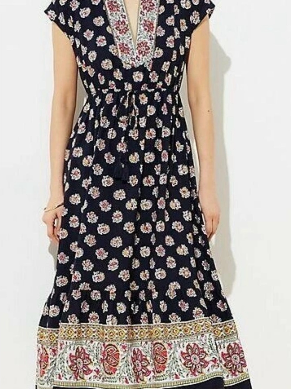 LOFT Navy Floral Maxi Dress with Embroidered Border